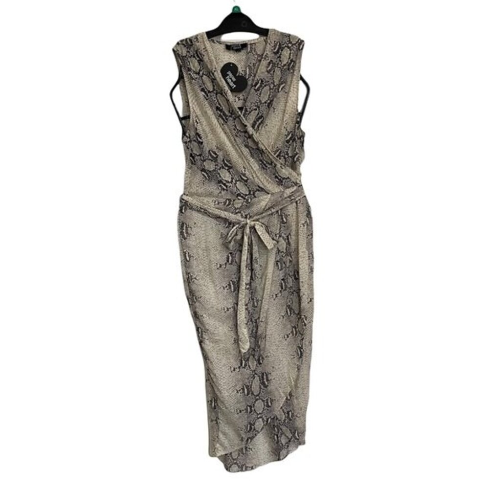 Paper Heart Snake Python Print Faux Wrap Midi Dress Sleeveless Tie Waist Size XS